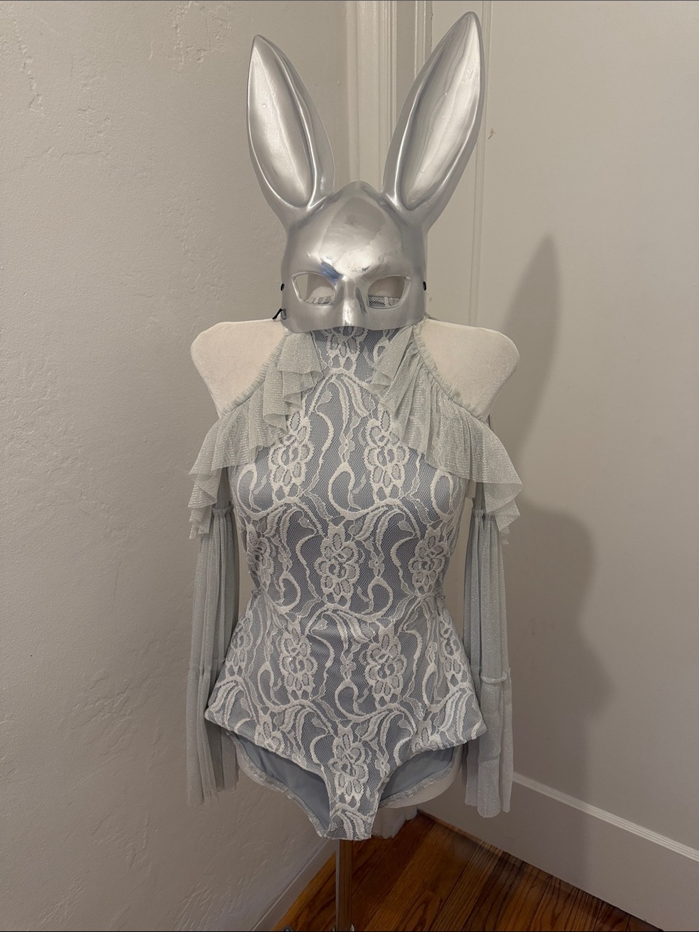 HALLOWEEN Lace Illusion High-Neck Cold-Shoulder Bodysuit Sparkle Angel Goddess